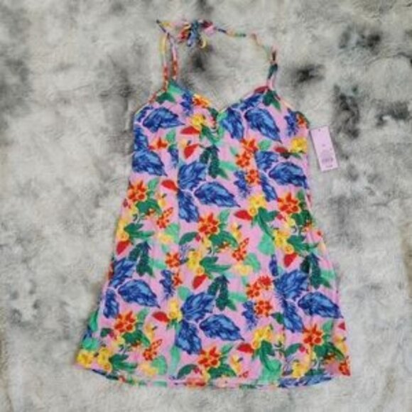 New Wild Fable Pink Tropical Fruit Mini Halter Tie Neck Dress Women's M Colorful - Picture 3 of 10